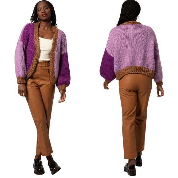 FRNCH Lorene Violet Camel Cardigan Sweater Women's Medium Chunky Knit Open Front - Picture 1 of 15